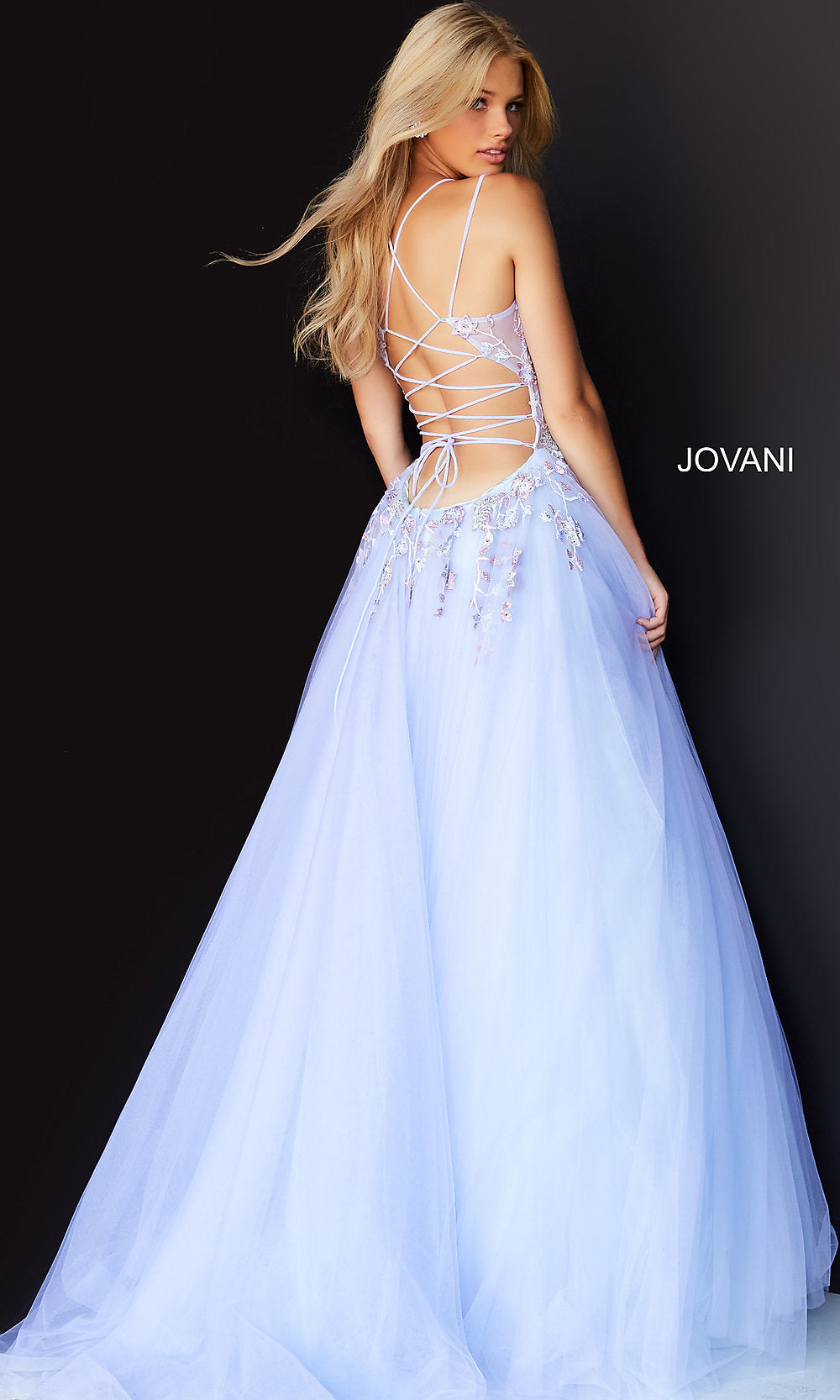 Sheer-Bodice Lilac Jovani Long Prom Ball Gown