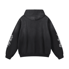 Black Bronx Native hoodie with white script on sleeves, back view, streetwear style
