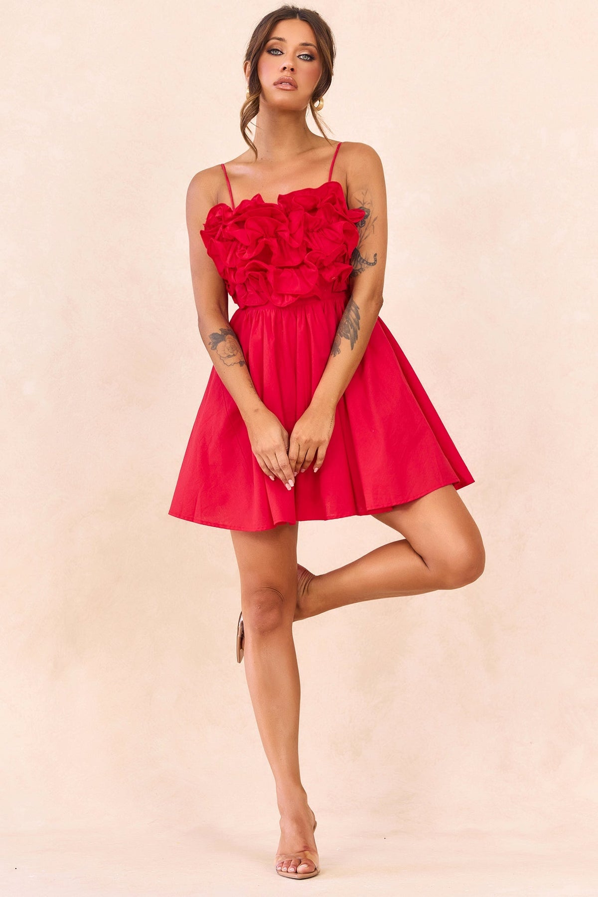 Petal Whirl Cotton Mini Dress - Red