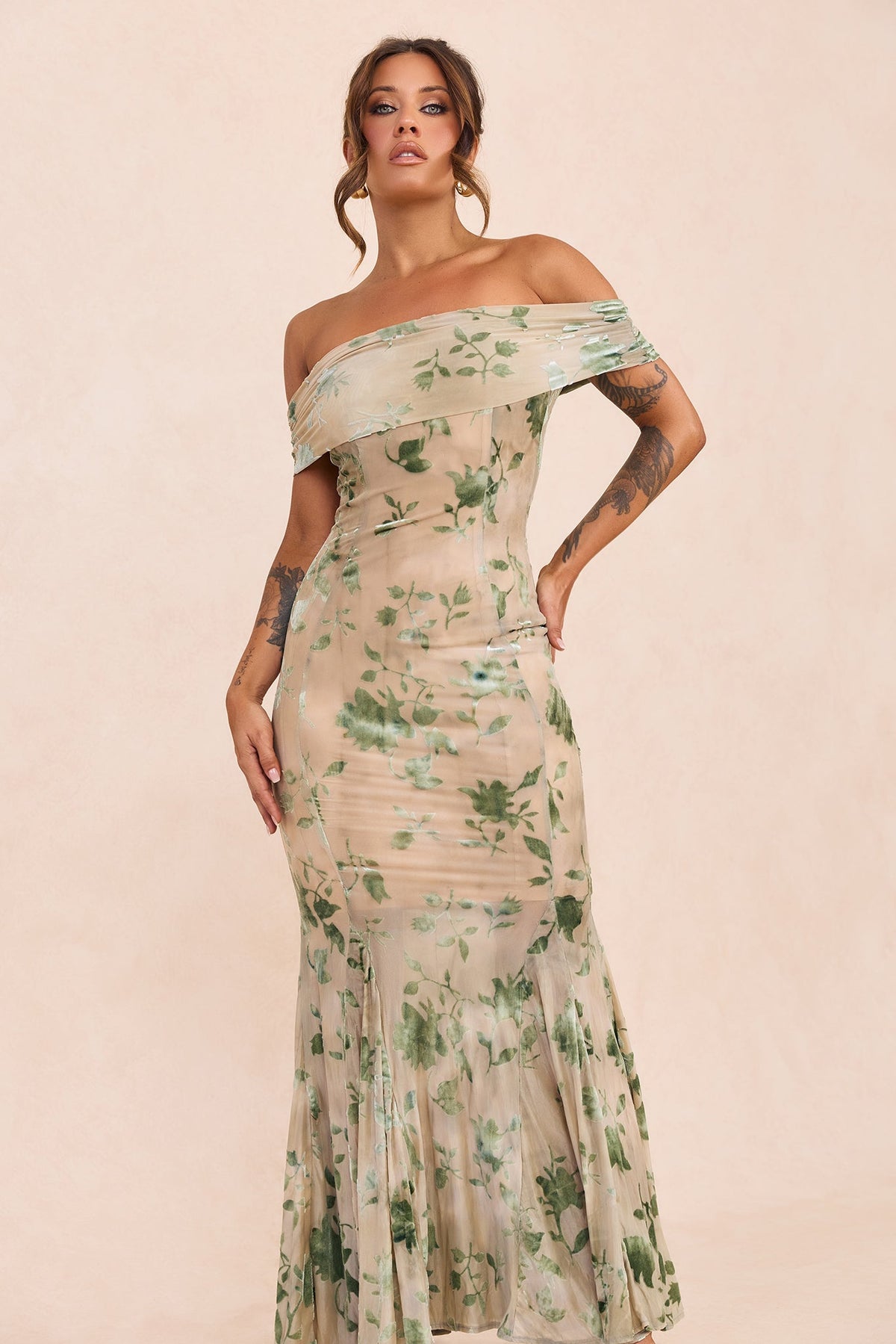 Serina Flocked Mesh Maxi Dress - Olive