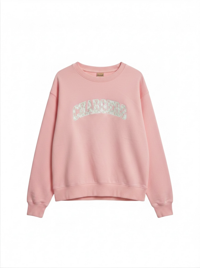 Women's Crew Sweatshirt, chicka-d, baby pink, CHARGERS floral applique