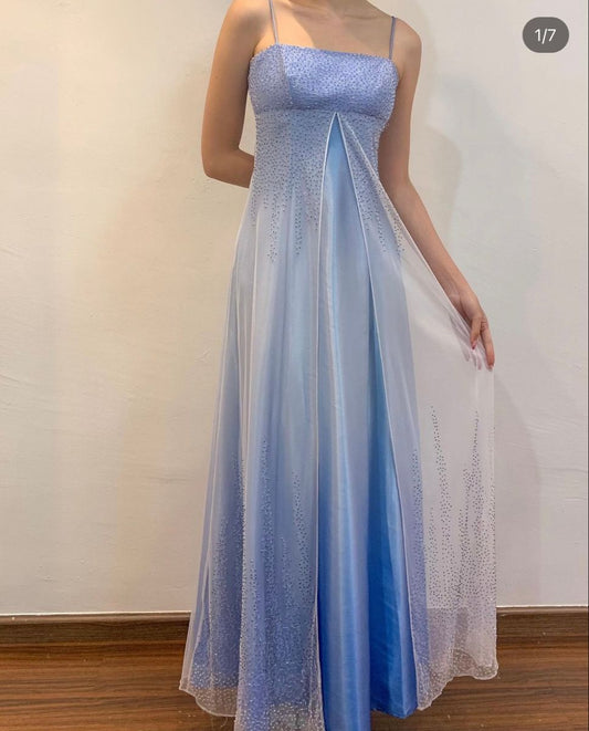 Vintage A line Spaghetti Strap Ombre Blue With Beading Formal Dress Long Prom Dresses N2748