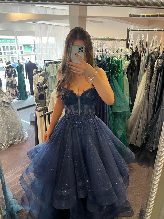 Classy Ball Gown Prom Dresses Inspiration 2026 Navy Blue Tulle Evening Dress With Lace Appliques For Teenagers High Schools AB1935