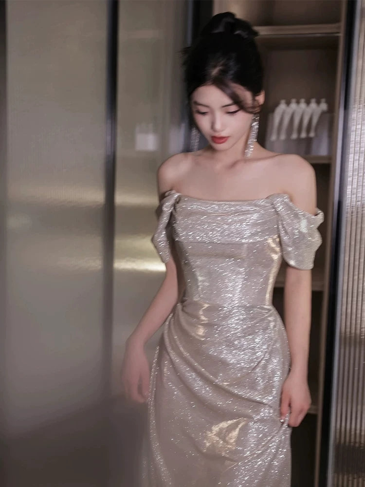 Glittery Sheath Off The Shoulder With Sleeves Sequins Prom Dresses Inspiration Long Night Outfits 18th Birthday Outfits AB2225