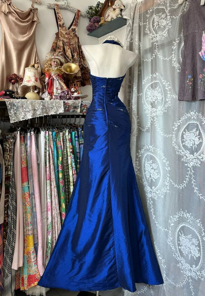 Vintage Halter Sheath Long Prom Dresses Beaded Satin Blue Evening Dresses Sleeveless Birthday Dress N1781