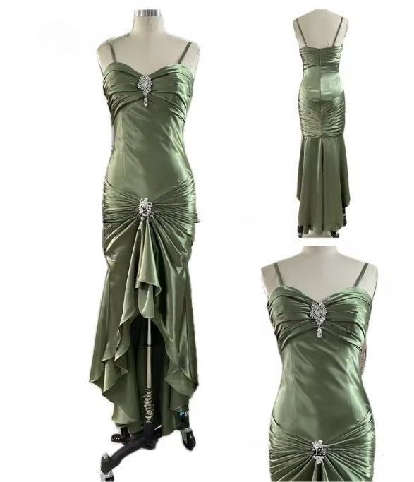 Elegant Spaghetti Strap Mermaid Satin Dark Green Long Prom Dress Gorgeous Evening Dress N1782