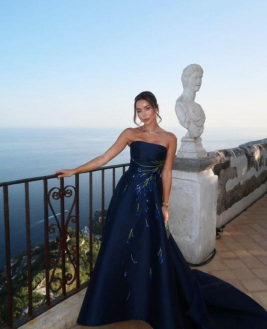 Women's Evening Dresses Strapless Ball Gown Long Formal Gown Navy Blue Wedding Guest Gowns Prom Dress N2344