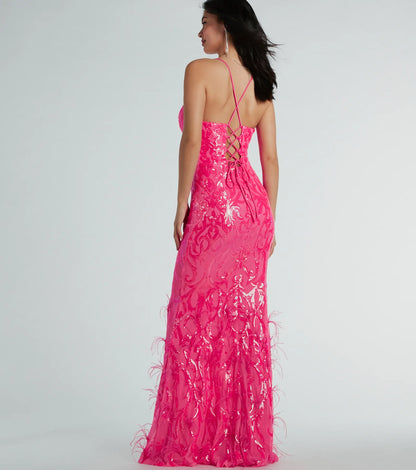 Nina Lace-Up Feather Mermaid Sequin Formal Dress
