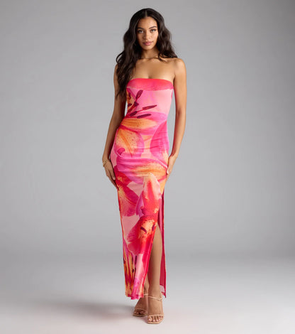 Island Time Tropical Floral Mesh Maxi Dress