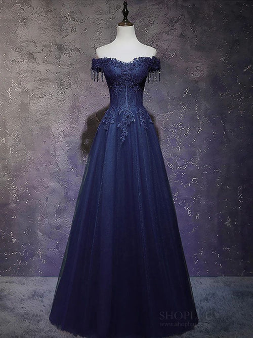 A-Line Off Shoulder Tulle Lace Dark Blue Long Formal Prom Dress Formal Dress AB1828