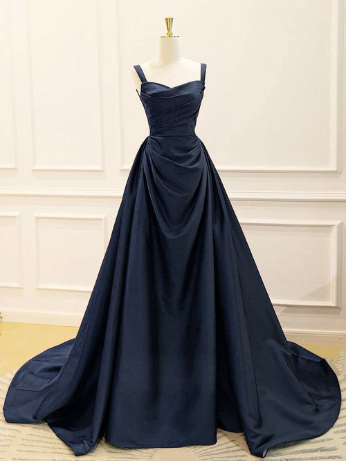 Simple A Line Spaghetti Straps Navy Blue Chic Satin Long Prom Dress Vintage Evening Dress AB1824