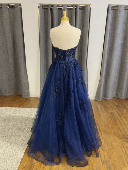 Strapless Open Back Navy Blue Lace Beaded Long Prom Dresses, Navy Blue Lace Formal Graduation Evening Dresses Formal Dress AB1829