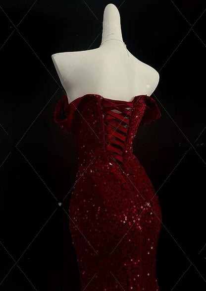 Classy Mermaid Sweetheart Red Slit Sequin Long Evening Gowns Prom Dress N1507
