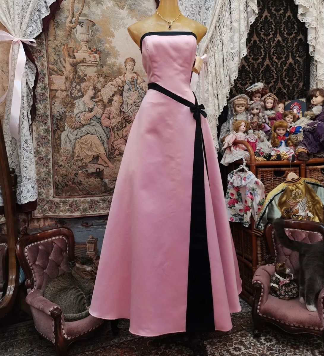 Vintage Ball Gown Strapless Pink Satin With Black Waist Sleeveless Formal Dress Evening Gown Prom Dresses N2566