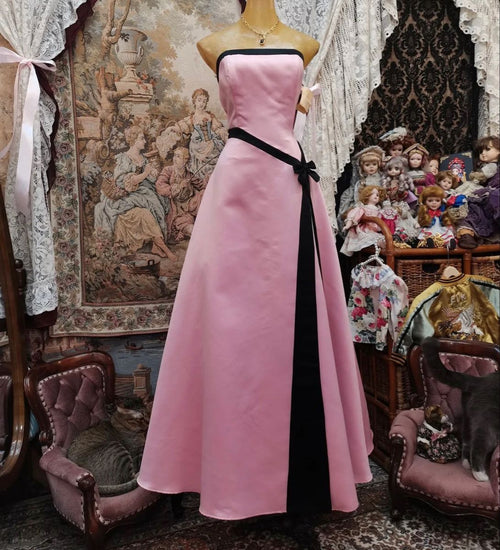 Vintage Ball Gown Strapless Pink Satin With Black Waist Sleeveless Formal Dress Evening Gown Prom Dresses N2566