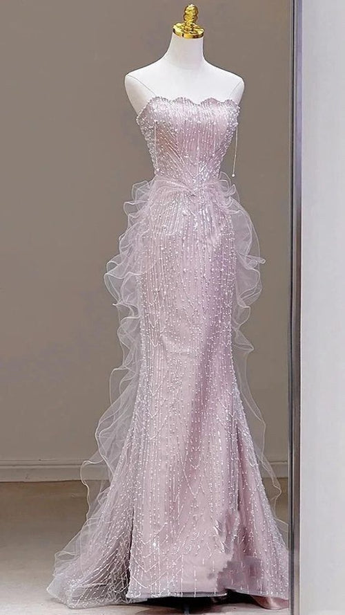 Modest Mermaid Strapless Pink Sequins Prom Dresses Inspiration Long Party Night Evening Dress 18th Birthday Outfits AB2356