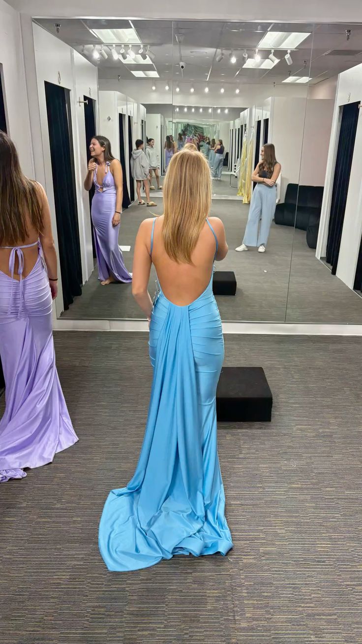 Modest Senior Prom Dresses High Schools Inspiration Mermaid Backless Blue Satin With Pleated Semi Formal Grad Long Prom Dress For Teens AB1986