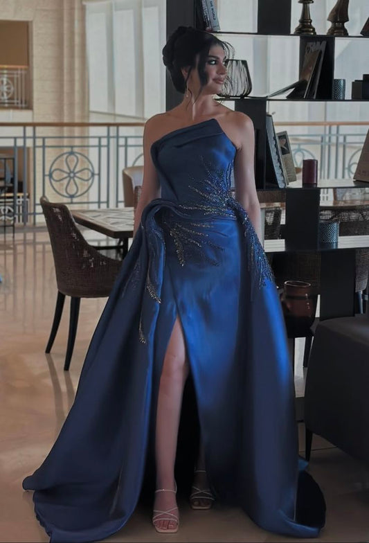 Modest Sheath Strapless Royal Blue Satin With High Split Prom Dresses Inspiration Long Party Evening Dress 18th Birthday Outfits AB2360