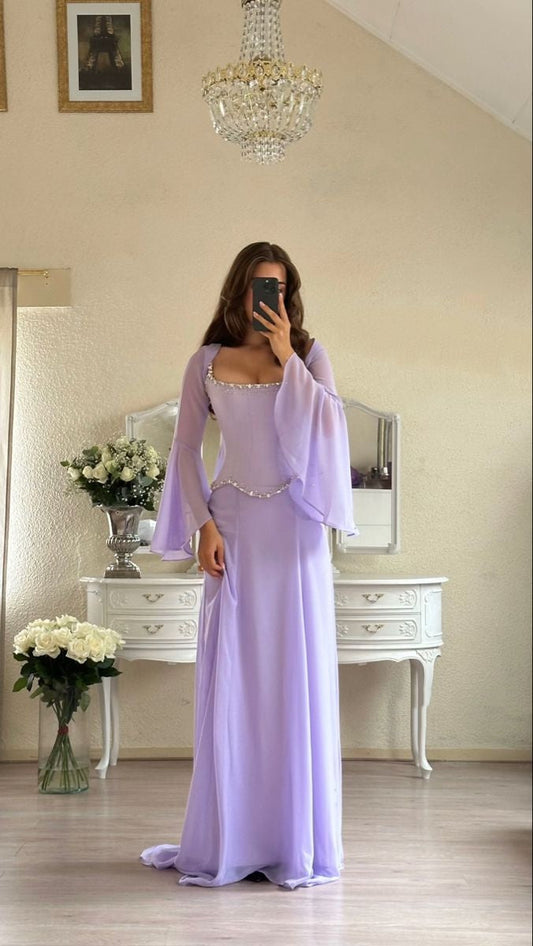 Elegant Mermaid 2 Pieces Square Neck Lilac Chiffon With Sleeves Long Formal Fancy Evening Dress Dinner Outfits Classy Party Gowns AB2023