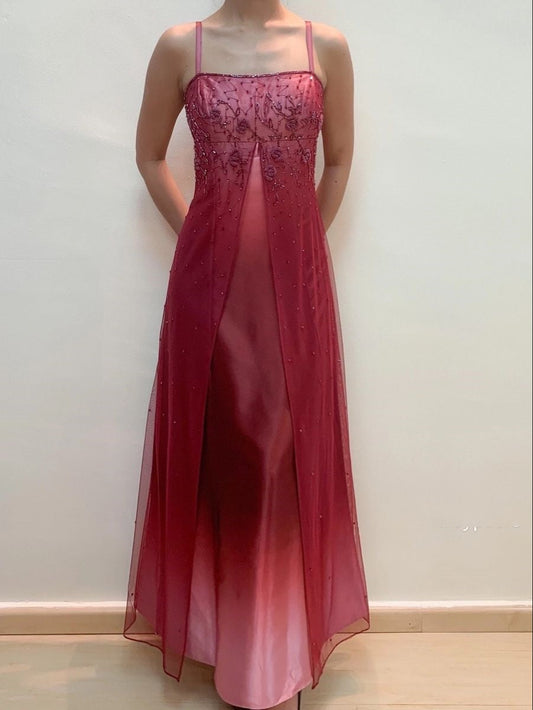Vintage Y2K A line Spaghetti Strap Red Gradient Colors Sleeveless Long Formal Dress 21st Birthday Prom Dresses N2408