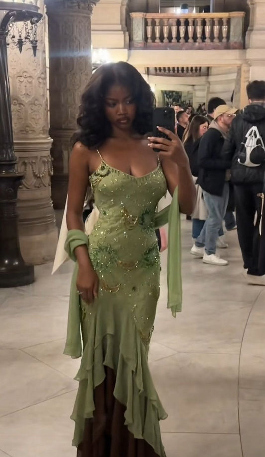 Magnificent Mermaid Spaghetti Strap Sleeveless Sage Green Chiffon Long Formal Dress Gown Prom Dresses N2542