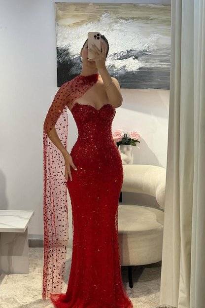 Gorgeous Red Sweetheart Mermaid Prom Dresses Sleeveless Strapless With Gem Semi Formal Grad Long Prom Dress For Teens AB1998