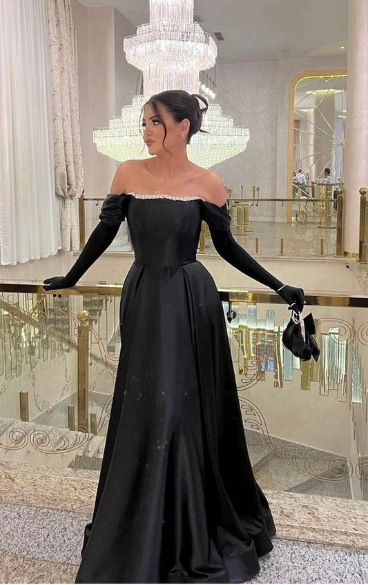 Elegant A line Off The Shoulder Black Satin With Beads Gloves Winter Long Formal Fancy Prom Evening Dress Dinner Outfits Party Gowns AB2004