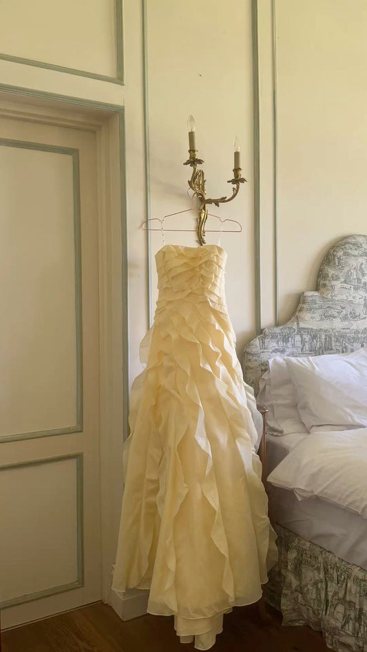 Gorgeous Ball Gown Strapless Chiffon Yellow Prom Dresses Long Sleeveless Graduation Dress N1636