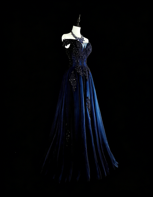 Vintage A line Off The Shoulder Navy Blue Tulle 90s Evening Gowns Formal Birthday Dress Long Prom Dresses N1752