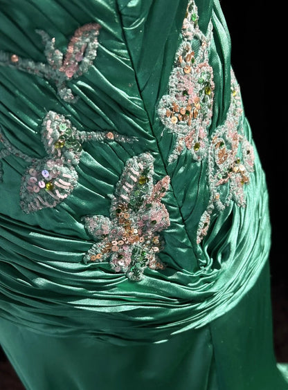 Vintage Prom Dresses Inspo Mermaid Square Neck Green Satin 90s With Appliqued For Women Formal Gowns N3332