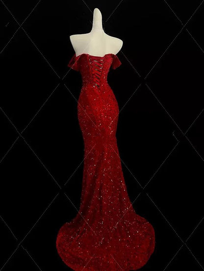 Classy Mermaid Sweetheart Red Slit Sequin Long Evening Gowns Prom Dress N1507