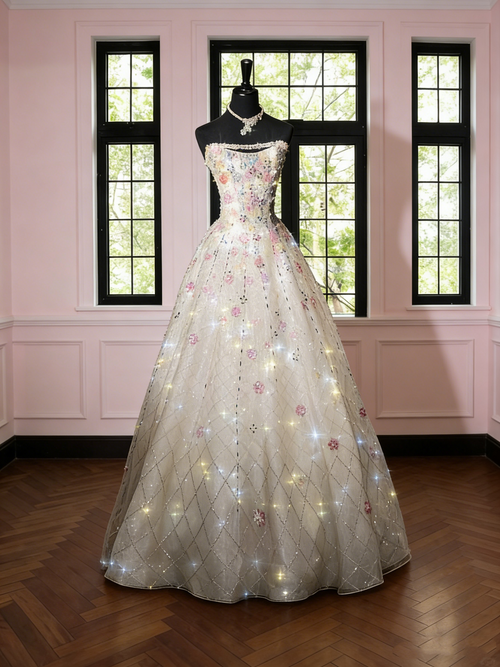 Chic Ball Gown Strapless White Sequins Long Formal Fancy Prom Evening Dress Dinner Outfits Party Gowns For Teens AB2185