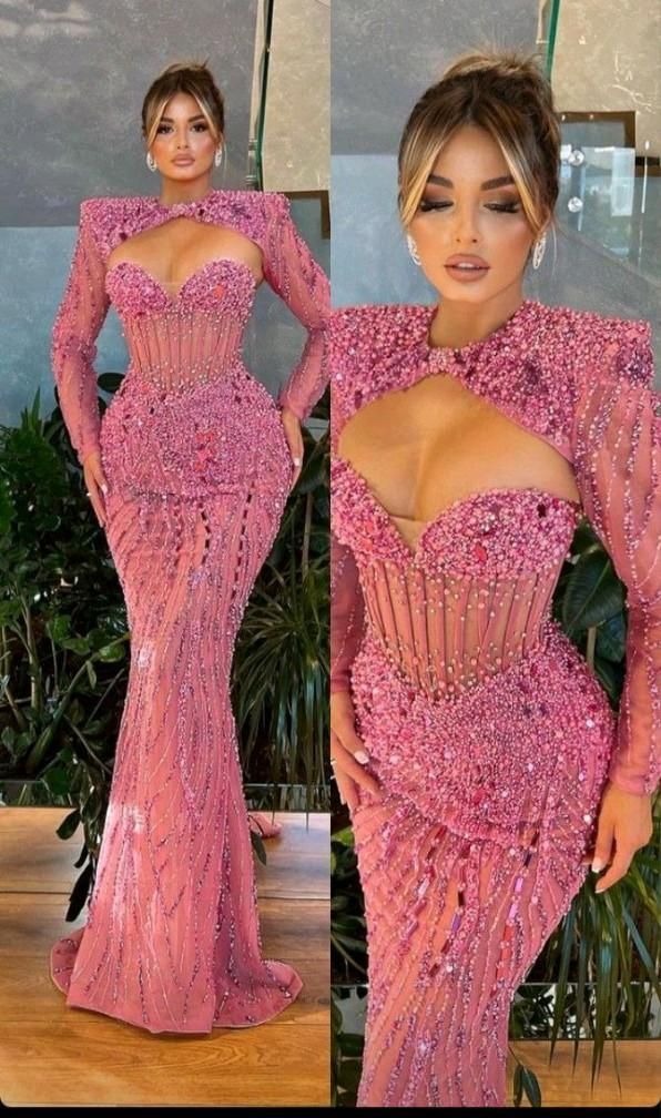 Modest Mermaid Sweetheart Pink Sequins Inspo Formal Party Gowns Long Prom Dresses AB1742