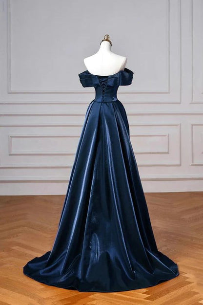 Navy Prom Dress Blue Off The Shoulder Formal Dress with Detachable Train N1853