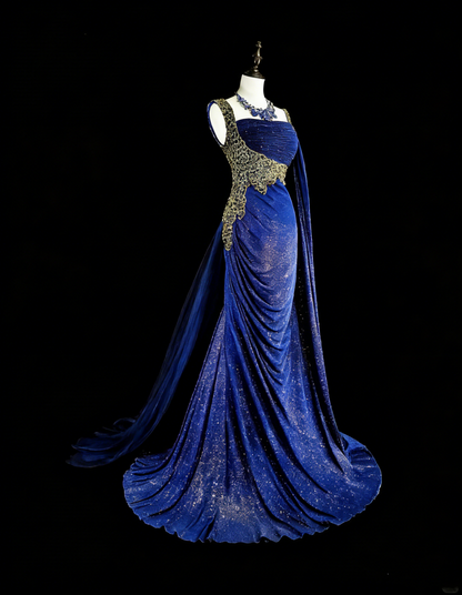 Modest Mermaid Royal Blue Sequins Women With Beadings Long Prom Gown Party Wear Dresses N1850