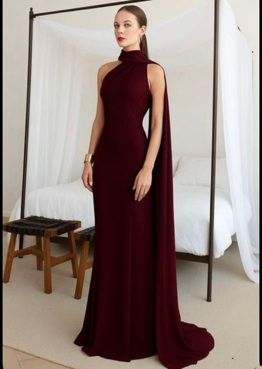 Sexy Mermaid High Neck Burgundy Formal Dress Long Prom Dresses N2693