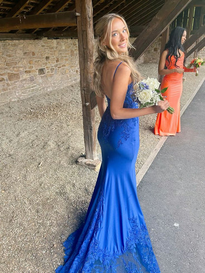 Modest Mermaid Prom Dresses For Women Spaghetti Straps Royal Blue Satin Party Gown N1516
