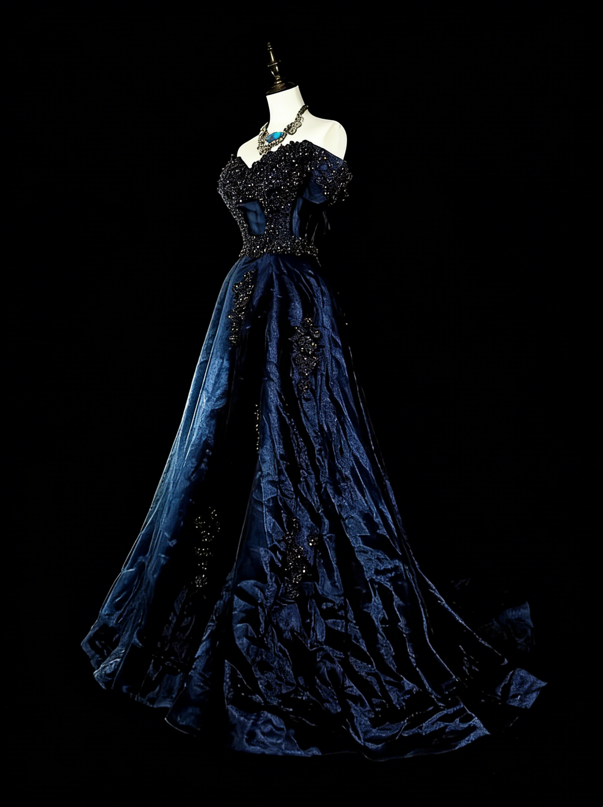 Vintage A line Off The Shoulder Navy Blue Tulle 80s Evening Gowns Formal Birthday Dress Long Prom Dresses N1753