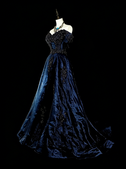 Vintage A line Off The Shoulder Navy Blue Tulle 80s Evening Gowns Formal Birthday Dress Long Prom Dresses N1753