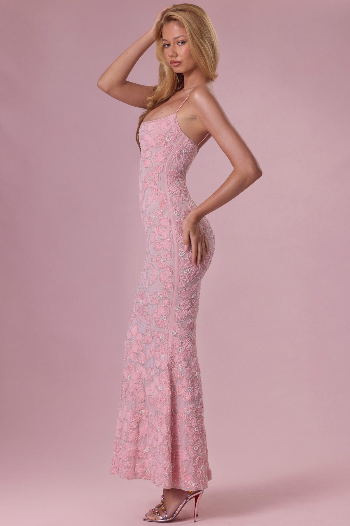 Embellished Square Neck Maxi Dress in Blush