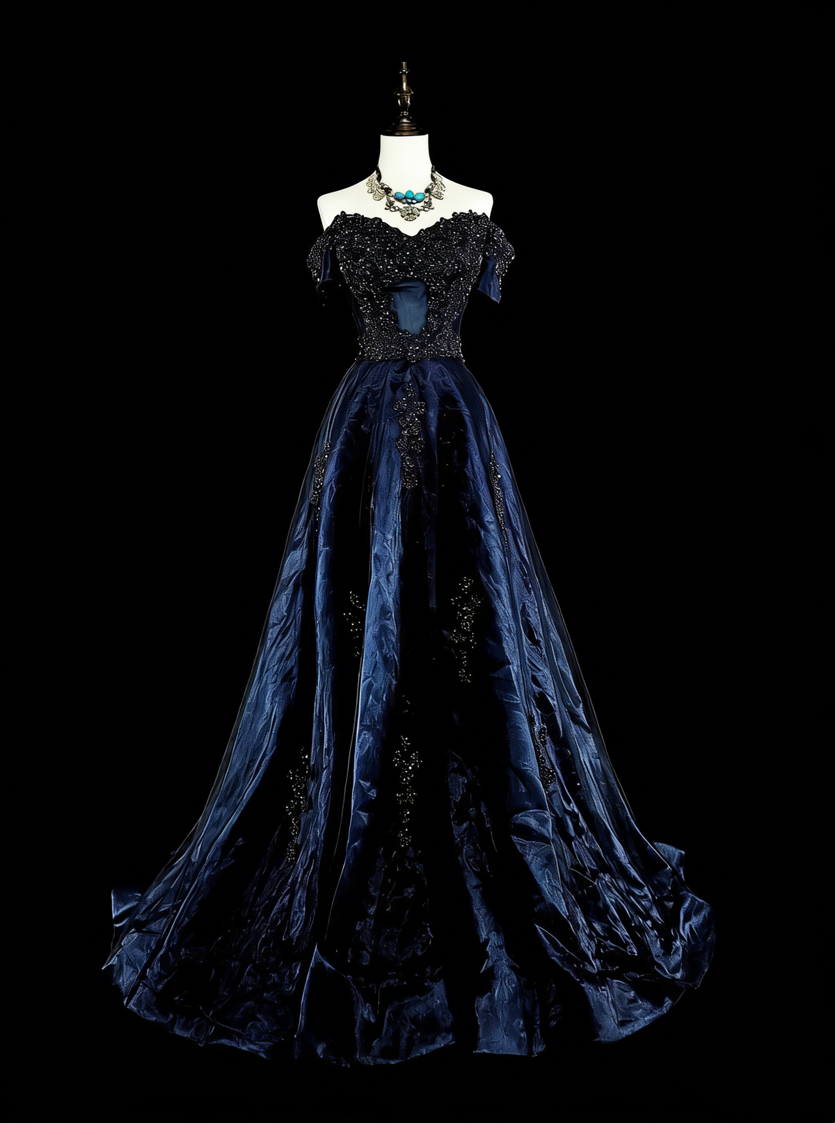 Vintage A line Off The Shoulder Navy Blue Tulle 80s Evening Gowns Formal Birthday Dress Long Prom Dresses N1753