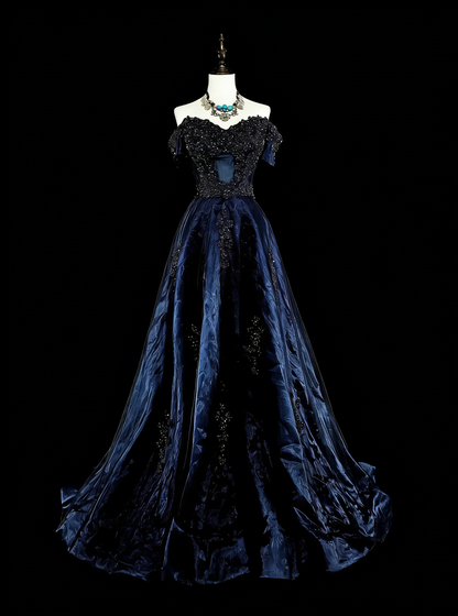Vintage A line Off The Shoulder Navy Blue Tulle 80s Evening Gowns Formal Birthday Dress Long Prom Dresses N1753