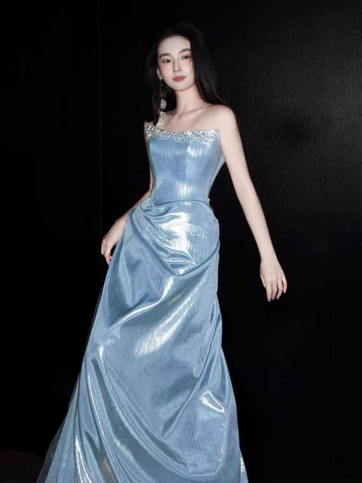 Glittery A Line Strapless Light Blue Sleeveless Prom Dresses Inspiration Long Night Outfits Birthday Outfits AB2215