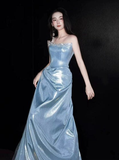 Glittery A Line Strapless Light Blue Sleeveless Prom Dresses Inspiration Long Night Outfits Birthday Outfits AB2215
