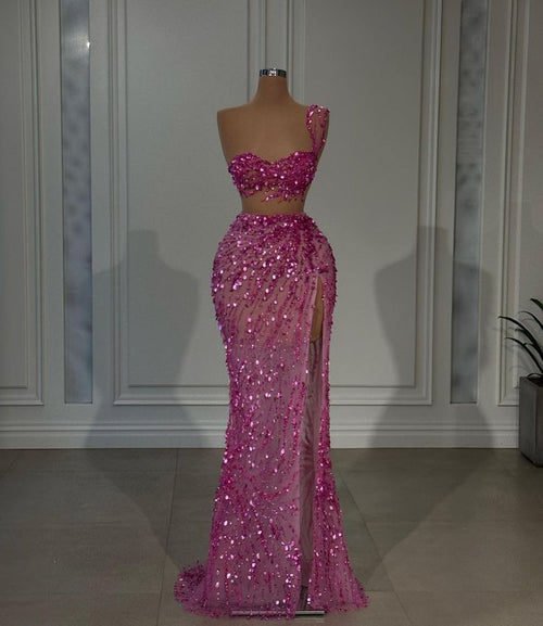 Modest Mermaid One Shoulder Pink With Split Sequins Inspo Formal Party Gowns Long Prom Dresses AB1743