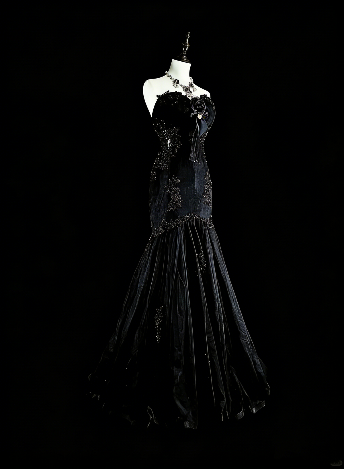 Vintage 1980s Mermaid Sweetheart Black Tulle With Appliques Sleeveless Long Prom Formal Dresses N1599