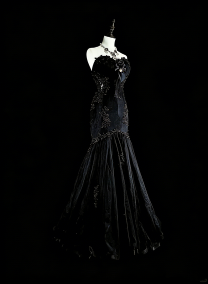 Vintage 1980s Mermaid Sweetheart Black Tulle With Appliques Sleeveless Long Prom Formal Dresses N1599