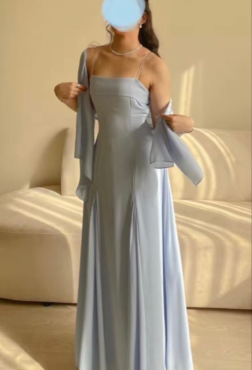 Simple A line Spaghetti Straps Light Sky Blue Chiffon Long Formal Fancy Prom Evening Dress Dinner Outfits Classy Party Gowns AB2063