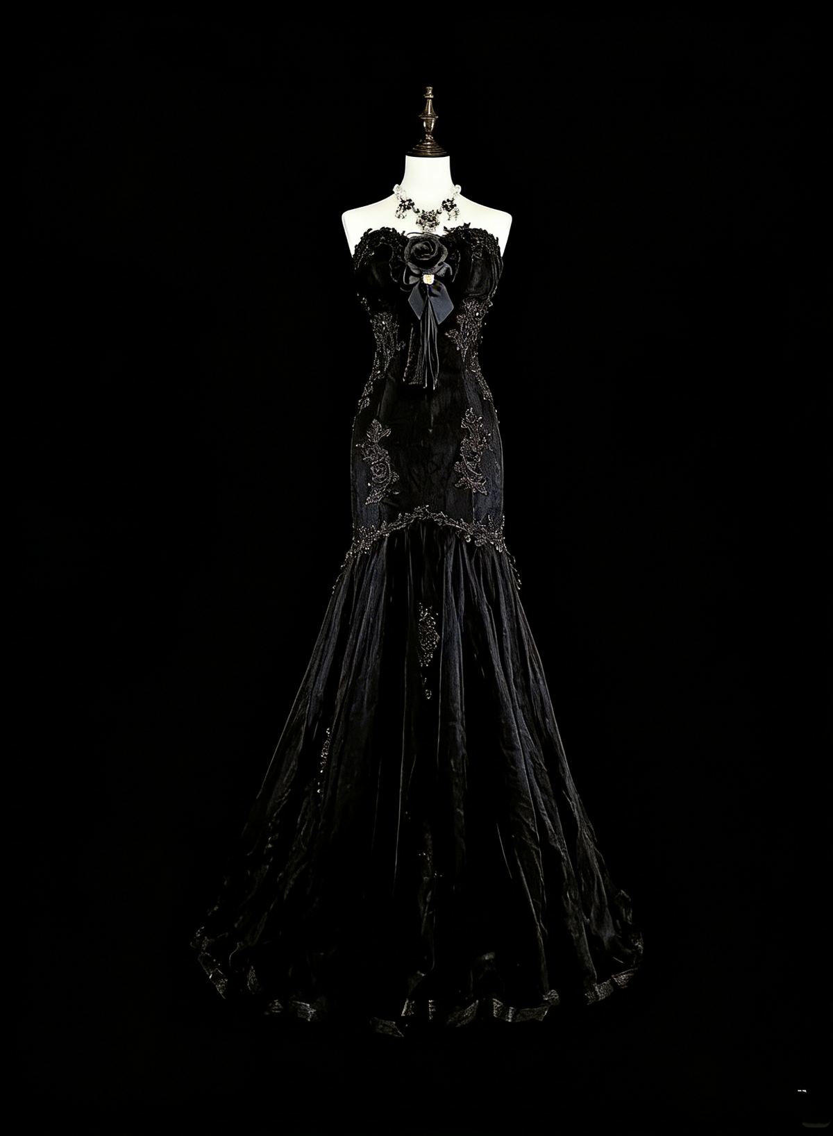 Vintage 1980s Mermaid Sweetheart Black Tulle With Appliques Sleeveless Long Prom Formal Dresses N1599