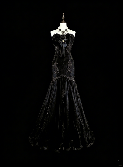 Vintage 1980s Mermaid Sweetheart Black Tulle With Appliques Sleeveless Long Prom Formal Dresses N1599